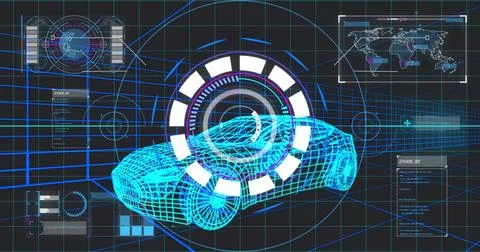 Displaying blue wireframe car model in digital workspace, with progress indic Stock Illustration