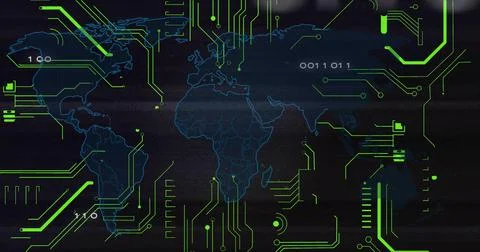 Displaying blue wireframe world map on virtual interface linking neon green 스톡 사진