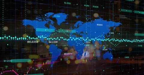 Displaying blue world map centered on data dashboard, showing turquoise dots and Stock Photos