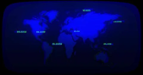 Displaying blue world map on curved digital screen at data panel, with floating 스톡 일러스트