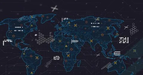 Displaying blue world map on dark grid, showing colored markers, data cluster Stock Illustration
