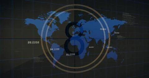 Displaying blue world map on dark grid, showing tan rings, central motif, Illustration