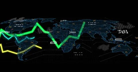 Displaying blue world map on dashboard interface, with neon trend lines and Illustrazione stock