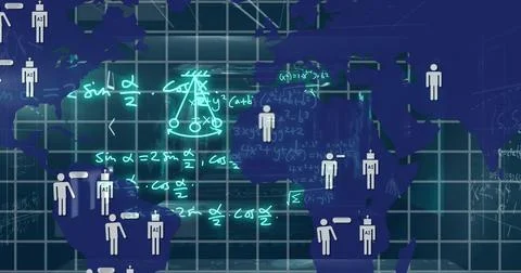 Displaying blue world map in data graphic overlaying grid with neon formulas, Stock Illustration