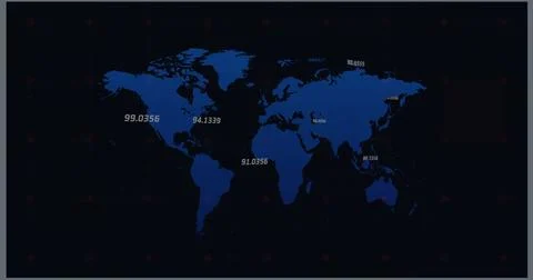 Displaying blue world map graphic on navy grid background, showing floating Stock Illustration