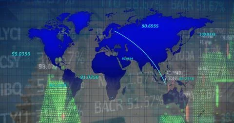 Displaying blue world map moving numeric indicators along curved arrow on grid, Stock Photos