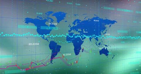 Displaying blue world map over teal grid on display, showing cyan line, numbers, Illustrazione stock
