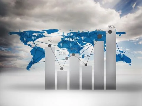 Displaying blue world map over cloudy sky with grey bar chart percentages, Stockfoto's