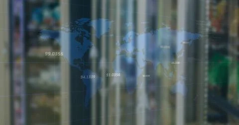 Displaying blue world map overlay showing data points in server room, with racks Stock Illustration