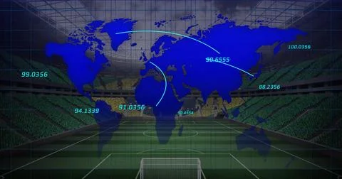 Displaying blue world map overlay inside stadium, with data lines, numeric 스톡 사진