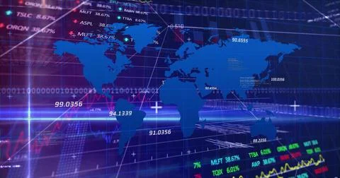 Displaying blue world map overlay in virtual trading screen, with line graphs Foto stock