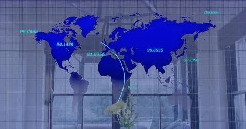 Displaying blue world map overlay over office windows with yellow flowers, Fotos Stock
