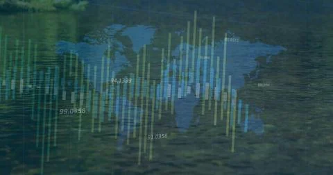 Displaying blue world map overlaying rippling lake water, with green yellow bars 스톡 일러스트