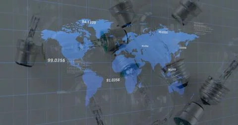 Displaying blue world map overlaying gray 3D grid in digital dashboard, showing 스톡 일러스트