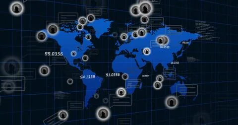 Displaying blue world map projecting glowing user nodes on navy grid dashboard, Illustrazione stock