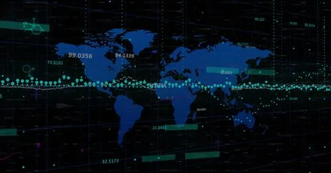 Displaying blue world map showing teal node stream across analytics dashboard 스톡 일러스트