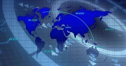 Displaying blue world map showing curved arc, arrow markers, numeric labels on Stockillustratie