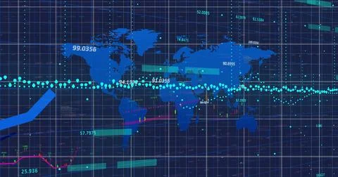 Displaying blue world map showing turquoise dotted trend line and labels on Stock Illustration