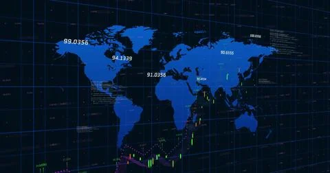 Displaying blue world map showing candlesticks and line graphs on dark data Stock Photos