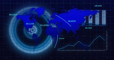 Displaying blue world map showing radar rings, glowing arcs, numeric metrics, Foto stock