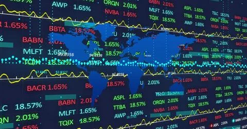 Displaying blue world map on trading monitor, with scrolling tickers and yellow Stockfoto's