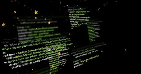 Displaying blurred code panels on dark screen, showing green white yellow syn Illustrazione stock