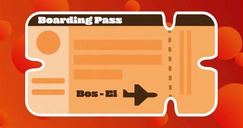 Displaying boarding pass graphic over orange backdrop, with plane icon and da Ilustração Stock