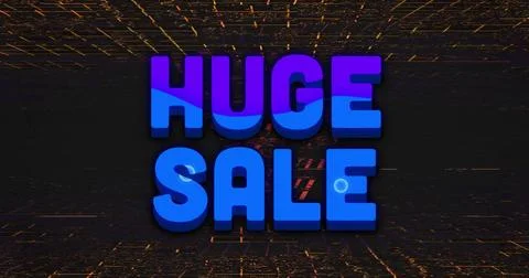 Displaying bold 3D lettering reading HUGE SALE in futuristic showroom, with Illustration