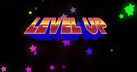 Displaying bold 3D LEVEL UP lettering on gaming achievement screen, with neon Stock Illustration