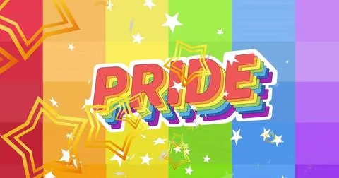 Displaying bold 3D PRIDE lettering centered on digital poster, showing rainbow Stock Photos