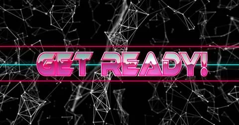 Displaying bold 3D text 'GET READY!' in neon cyberspace, with cyan magenta st Stock Illustration