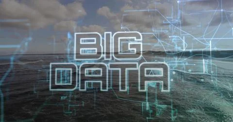 Displaying bold BIG DATA lettering blending across ocean horizon, neon-blue Stock Illustration