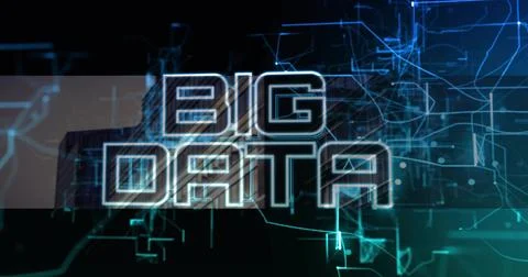 Displaying bold BIG DATA typography dominating virtual tech stage, with glowi Illustrazione stock