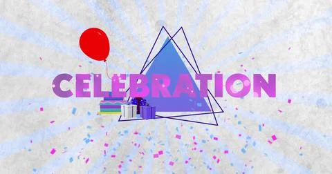 Displaying bold CELEBRATION over blue triangles at center, showing red balloon, Stock Illustration