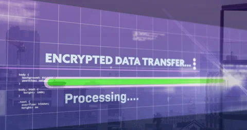 Displaying bold encrypted data transfer text with bright green loading bar over Stock Footage 307428869
