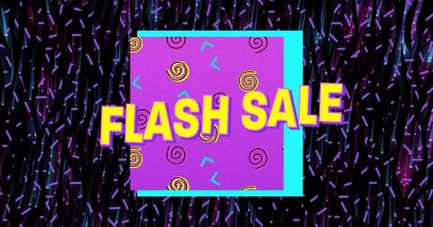 Displaying bold FLASH SALE text glowing over patterned magenta square, neon Stock Photos