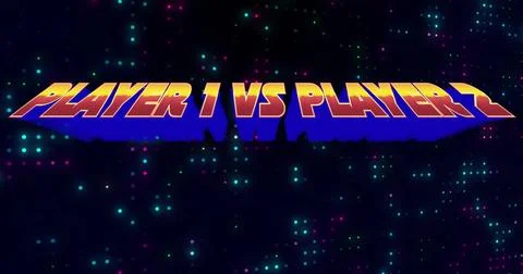 Displaying bold gradient PLAYER 1 VS PLAYER 2 text banner on arcade backdrop, Stock Illustration