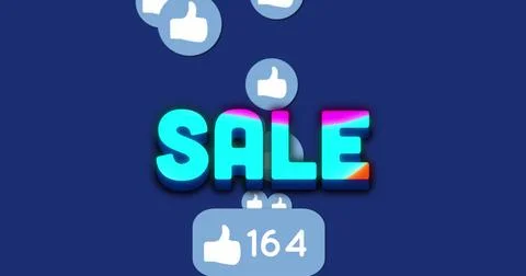 Displaying bold gradient SALE text floating on navy backdrop, white thumbs-up Illustrazione stock