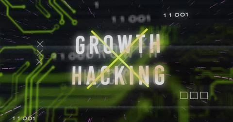 Displaying bold Growth Hacking text glowing on neon circuit interface, with Stock Illustration