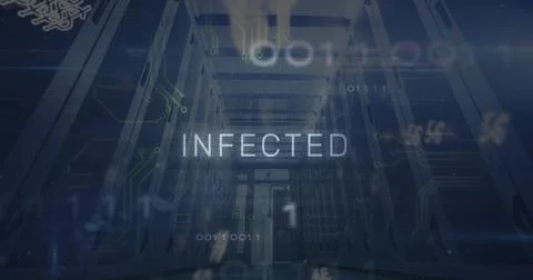 Displaying bold 'INFECTED' text floating through data center corridor, with 스톡 일러스트