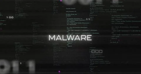 Displaying bold MALWARE label pulsing on dark terminal, with code columns, UI Illustrazione stock