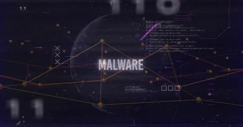 Displaying bold MALWARE label pulsing over cyber globe at threat UI, with gold 스톡 일러스트