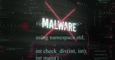 Displaying bold MALWARE text being crossed by magenta X on digital screen, with Stock Illustration
