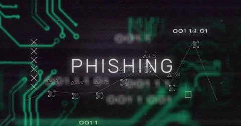 Displaying bold PHISHING text moving across security UI, with green circuit Stock Illustration