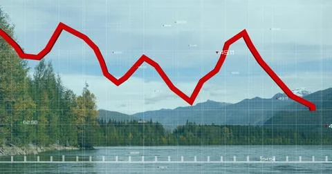 Displaying bold red fluctuating line graph overlaying mountain lake, with grid Stock Photos