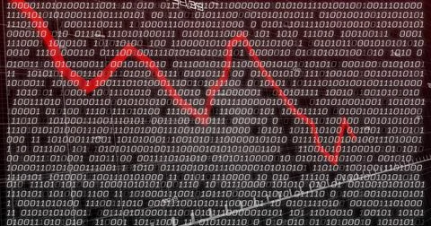 Displaying bold red zigzag arrow crossing grid of binary rows and columns, sh 스톡 일러스트