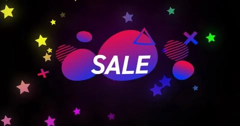 Displaying bold SALE text over black backdrop, with three magenta-purple-blue Ilustração Stock