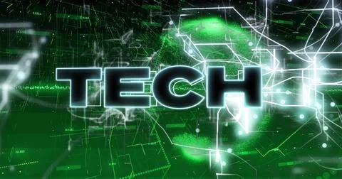 Displaying bold TECH text glowing with network lines and circular nodes in gr 스톡 사진