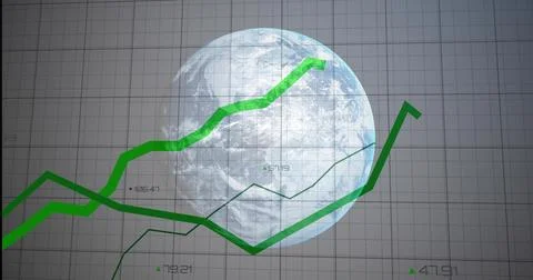 Displaying bold, thin green trend lines traversing Earth globe on grid display, 스톡 일러스트