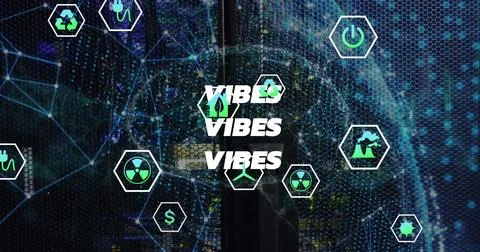 Displaying bold VIBES text repeating over data center, with hexagonal green and Stock Illustration